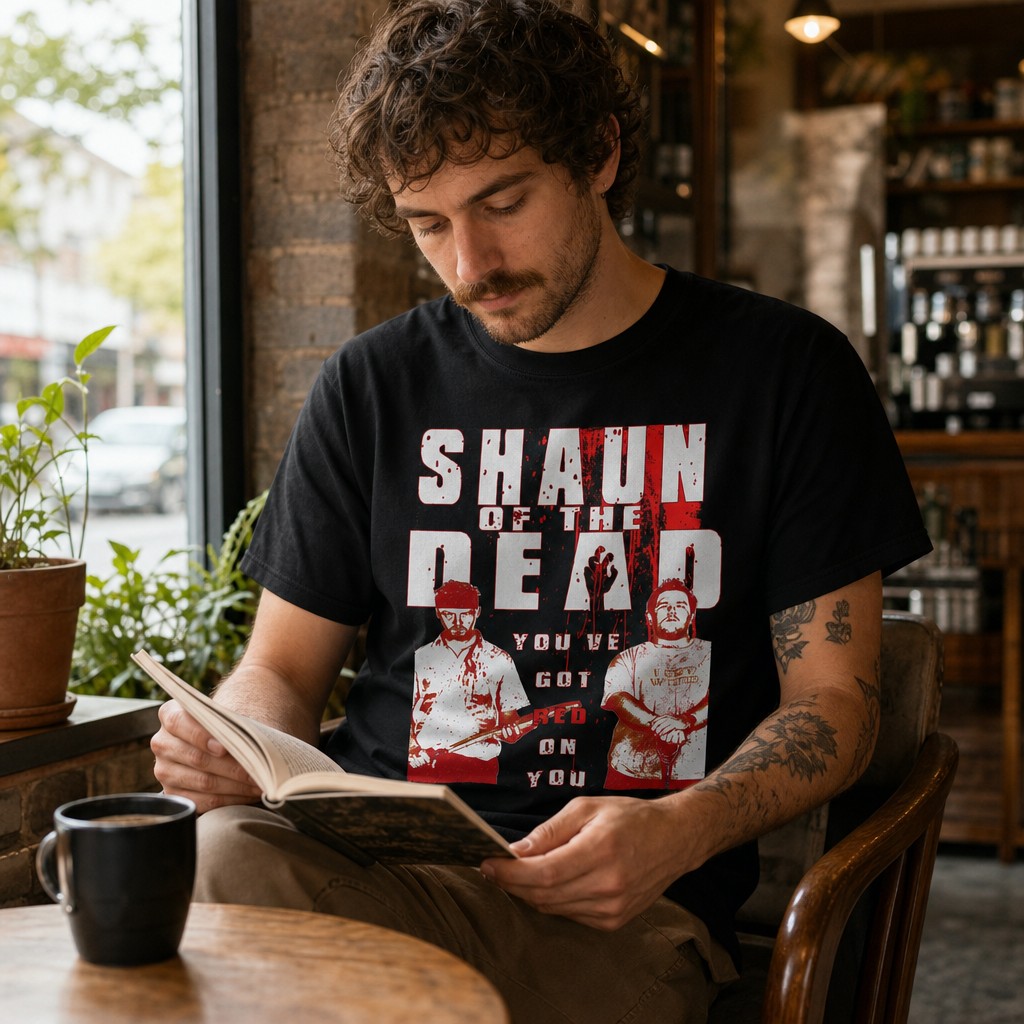 Model wearing the Shaun of the Dead movie poster T-Shirt | You've got red on you Horror Comedy Tee