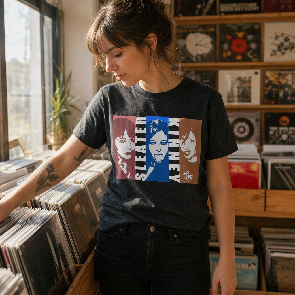Model wearing the Sleater-Kinney Band Portrait T-Shirt | Indie Rock Tee