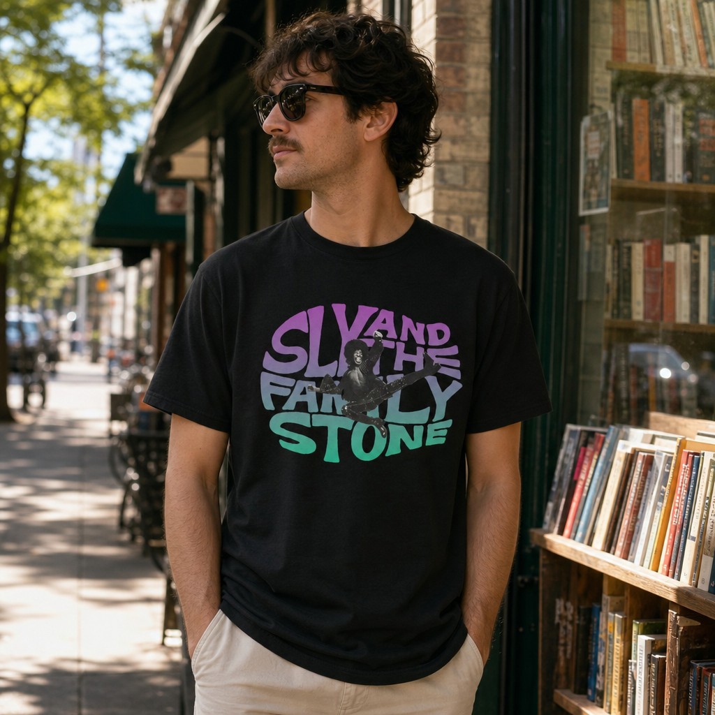Model wearing the Sly and the Family Stone Tee | Retro Funk Band Music Graphic T-Shirt