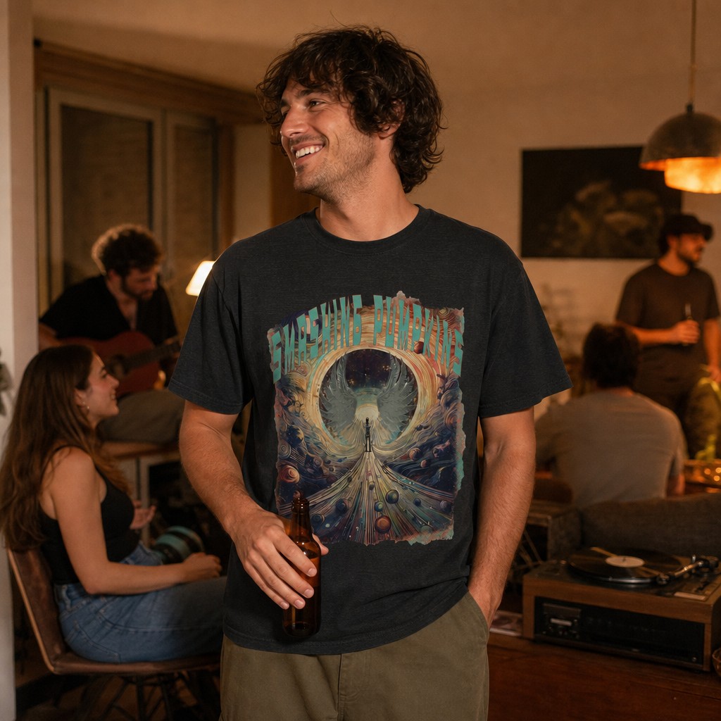 Model wearing the Smashing Pumpkins Psychedelic Cosmic Journey T-Shirt – Alt rock Music Graphic Tee