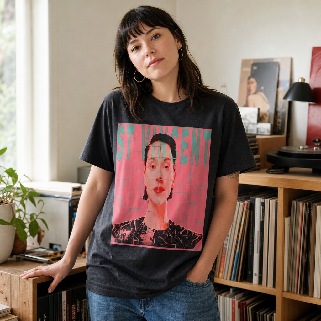 Model wearing the St. Vincent Portrait Tee — Retro Pop Art Musician T-Shirt