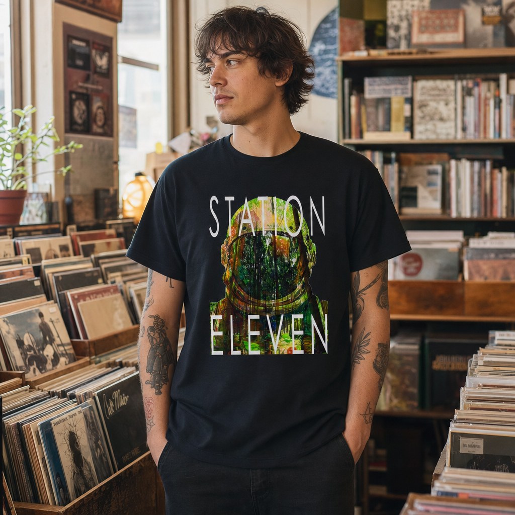 Model wearing the Station Eleven Astronaut graphic T-shirt in a record store