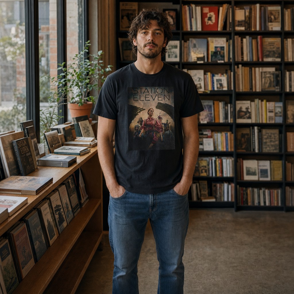 Model wearing the Station Eleven graphic T-shirt
