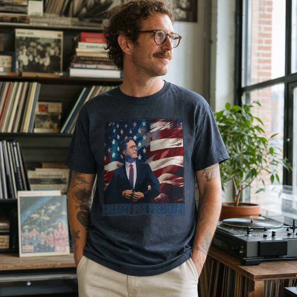 Model wearing the Stephen Colbert For President T-Shirt | Political Satire, American Flag Design
