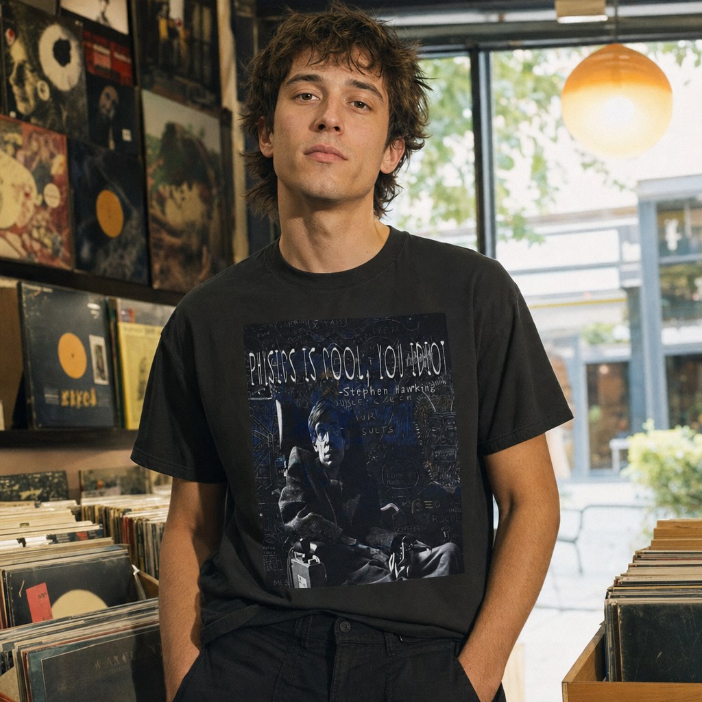 Model wearing the Stephen Hawking Physics Is Cool graphic T-shirt in a record store