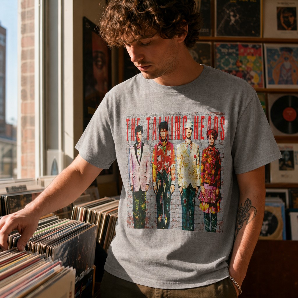 Model wearing the Talking Heads band photo Tee | Vintage rock graphic T-Shirt