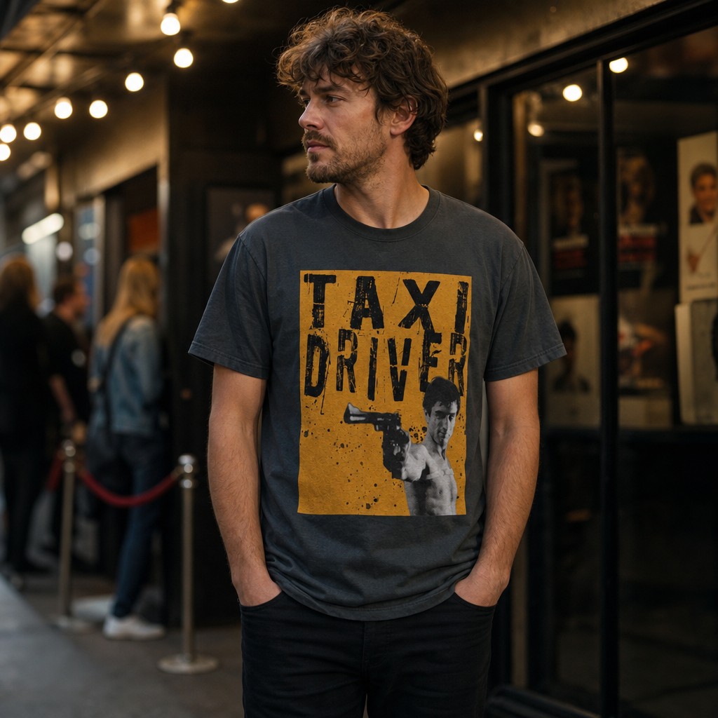 Model wearing the Taxi Driver Movie Poster T‑Shirt — Retro Travis Bickle Graphic Tee
