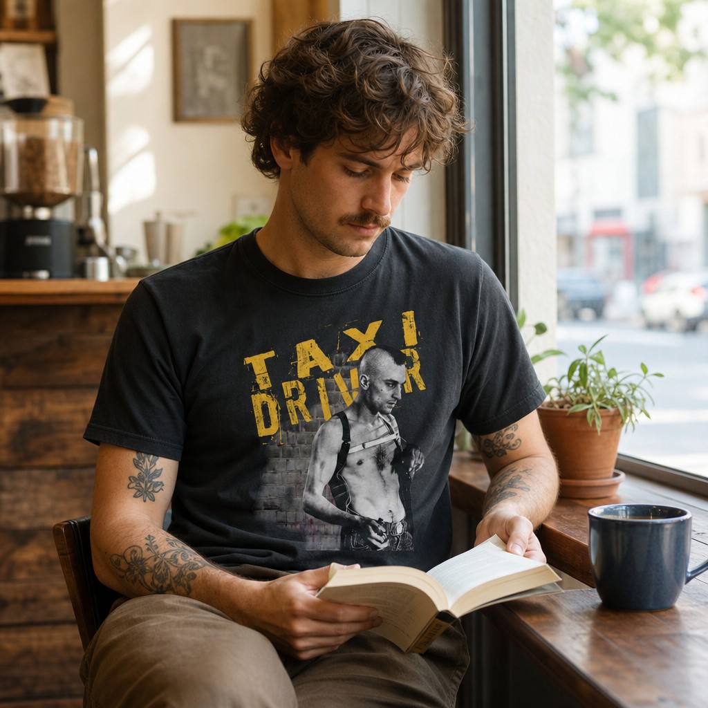 Model wearing the Taxi Driver Vintage Graphic Tee — 'Taxi Driver' Movie Portrait Shirt