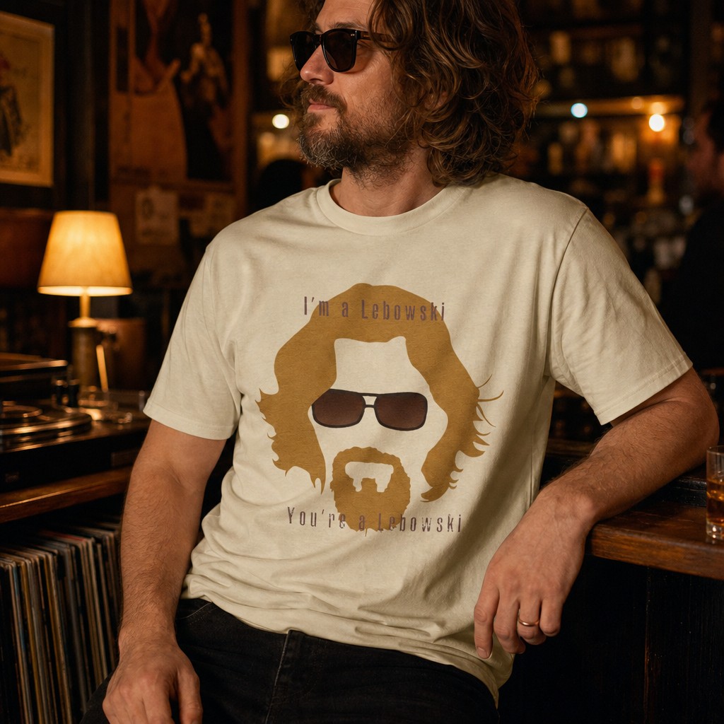 Model wearing the The Big Lebowski "I'm a Lebowski, You're a Lebowski" T-Shirt | Retro Sunglasses Silhouette