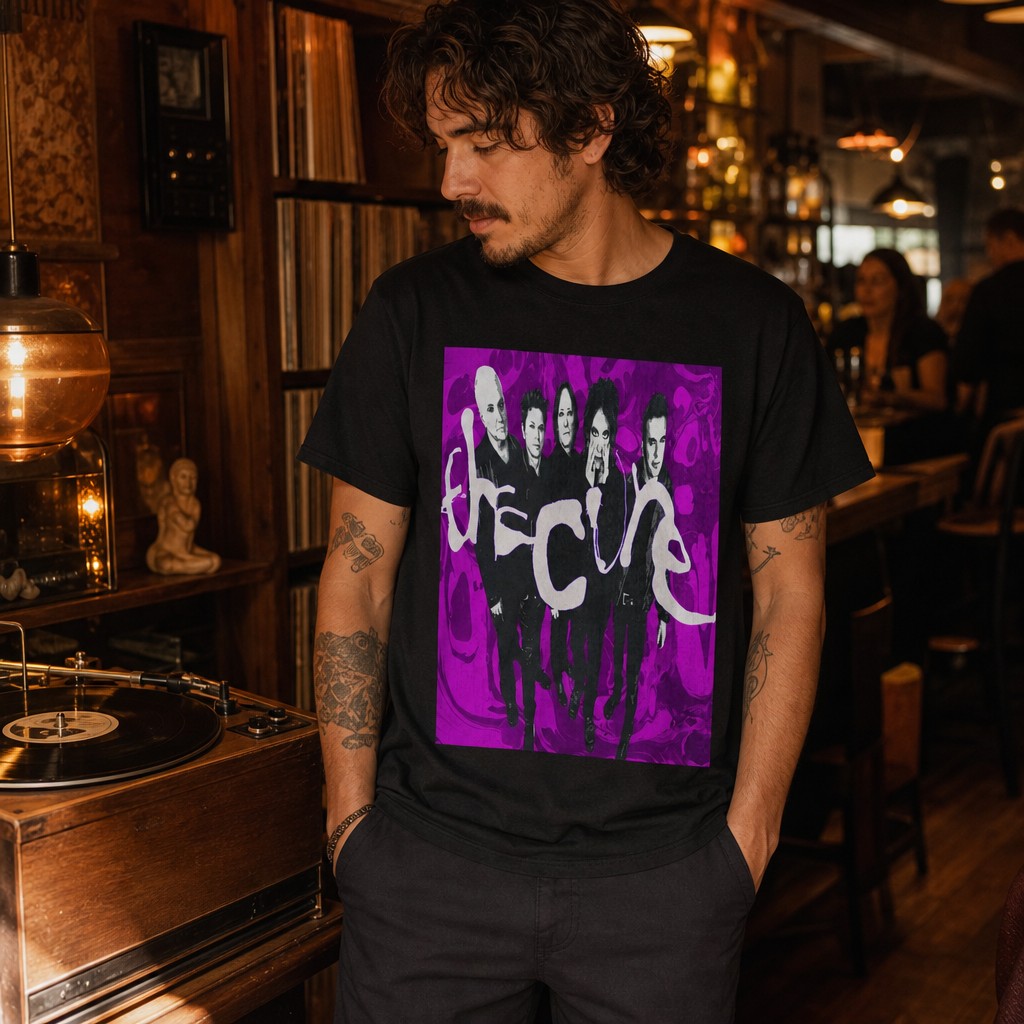 Model wearing the The Cure Band Photo Tee | Alternative Rock Shirt, Purple Graphic