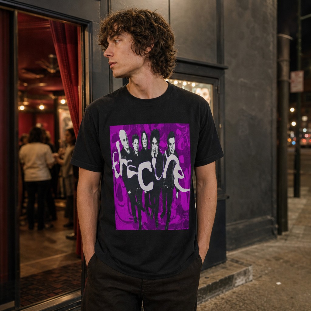 Model wearing the The Cure Band Photo Tee | Alternative Rock Shirt, Purple Graphic