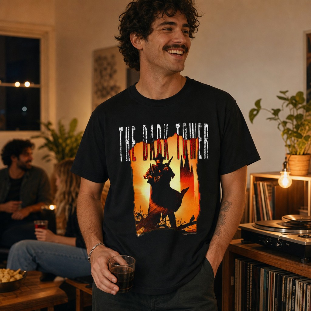 Model wearing the The Dark Tower silhouette T-shirt | Stephen King inspired, horror western art