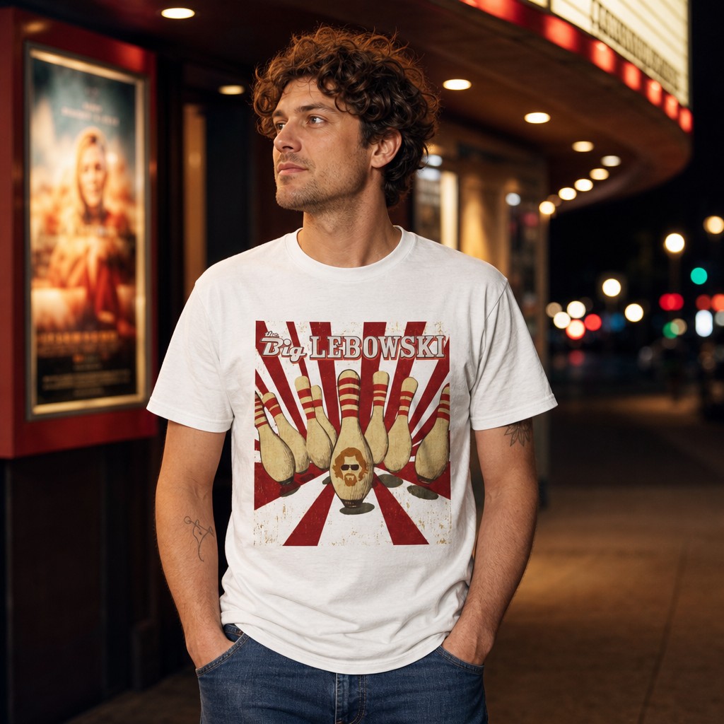 Model wearing the The Dude Bowling Pins T-Shirt | Retro The Big Lebowski Movie Tee