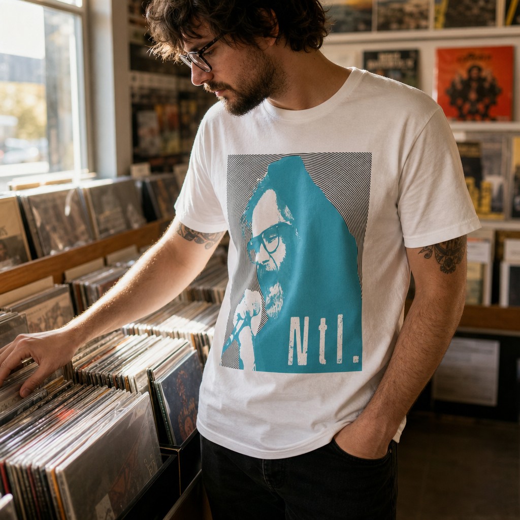 Model wearing the The National Band Matt Berninger Retro Indie Rock Graphic Tee | Blue Halftone