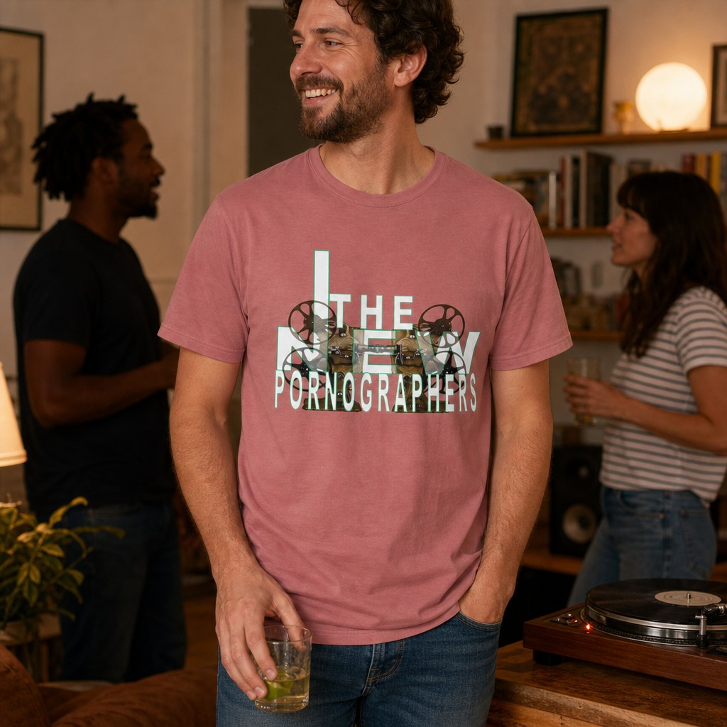 Model wearing the The New Pornographers band art Tee | Vintage film camera graphic