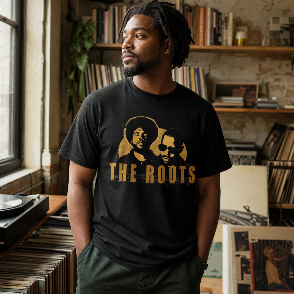 Model wearing the The Roots band tee | Hip Hop Rap music T-Shirt