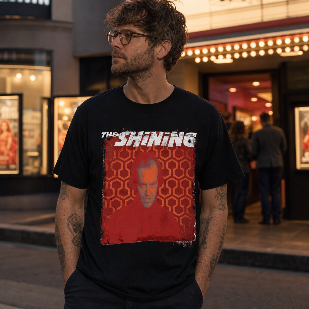 Model wearing the The Shining Carpet Nicholson Portrait T-Shirt | Horror Movie Poster Tee