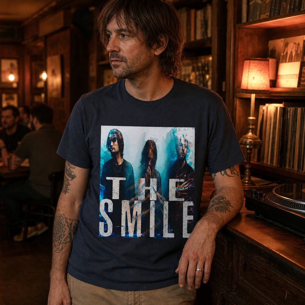 Model wearing the The Smile band photo T-Shirt | Rock band graphic tee