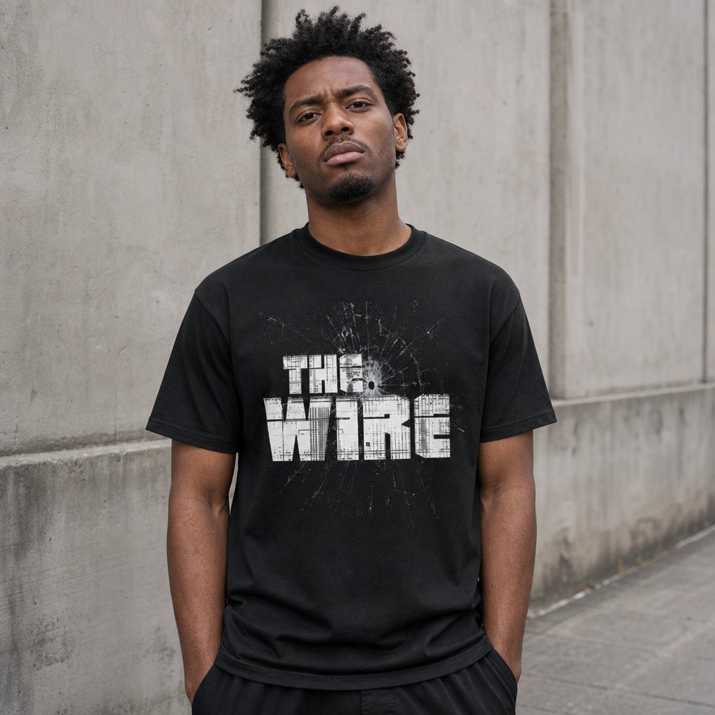 Model wearing the Wire TV Series Vintage City Plan Sketch Crewneck