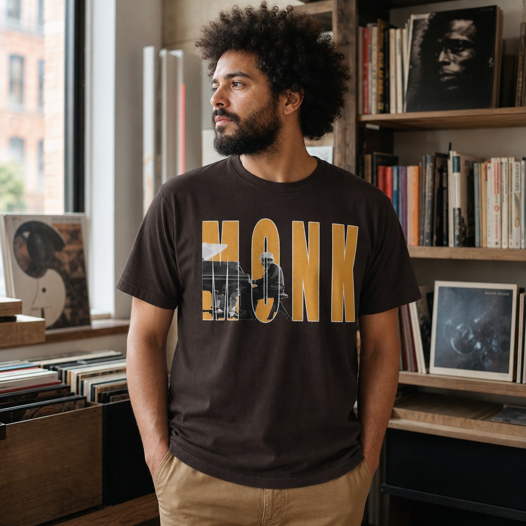 Model wearing the Thelonious Monk Vintage Jazz Silhouette T-Shirt | Yellow Block Letters