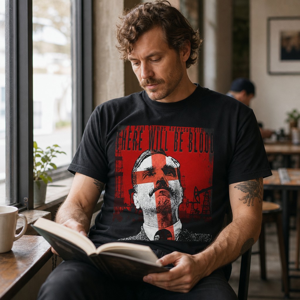 Model wearing the There Will Be Blood Movie Poster T-Shirt | Vintage Daniel Plainview Tee