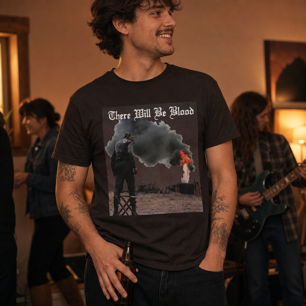 Model wearing the There Will Be Blood movie poster T-Shirt | Vintage film graphic tee
