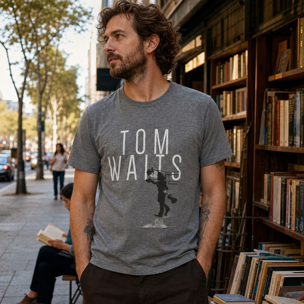 Model wearing the Tom Waits Fan Shirt, Unisex Music Tee, Jersey Short Sleeve Top, Vintage Music Shirt