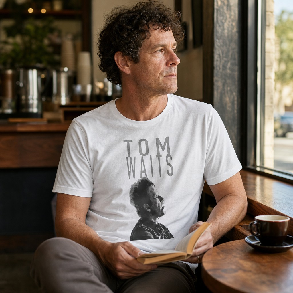 Model wearing the Tom Waits Portrait T-Shirt | Musician Band Tee, Vintage Monochrome