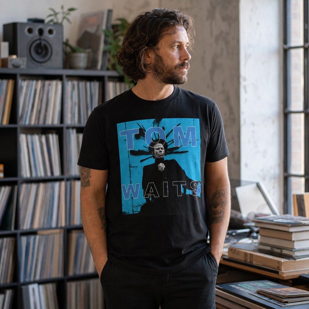 Model wearing the Tom Waits Vintage Blue Music T-Shirt