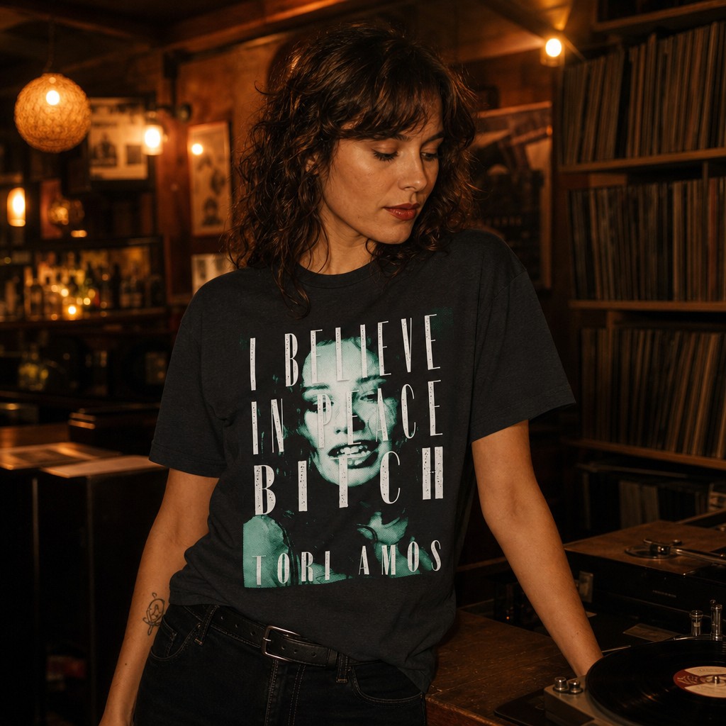 Model wearing the Tori Amos I Believe in Peace Bitch Tee | T-Shirt