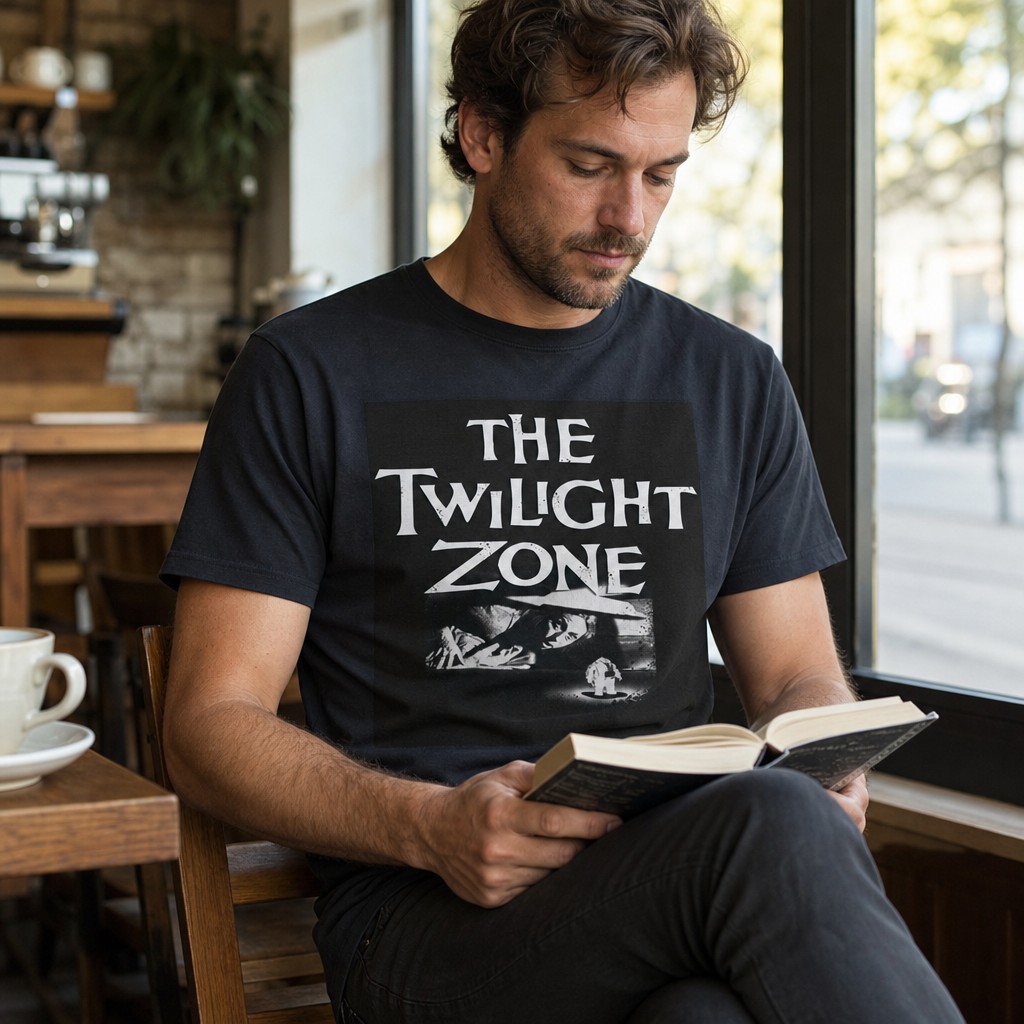 Model wearing the Twilight Zone Invaders T-Shirt | Retro TV Logo, Vintage Horror Sci-Fi Tee