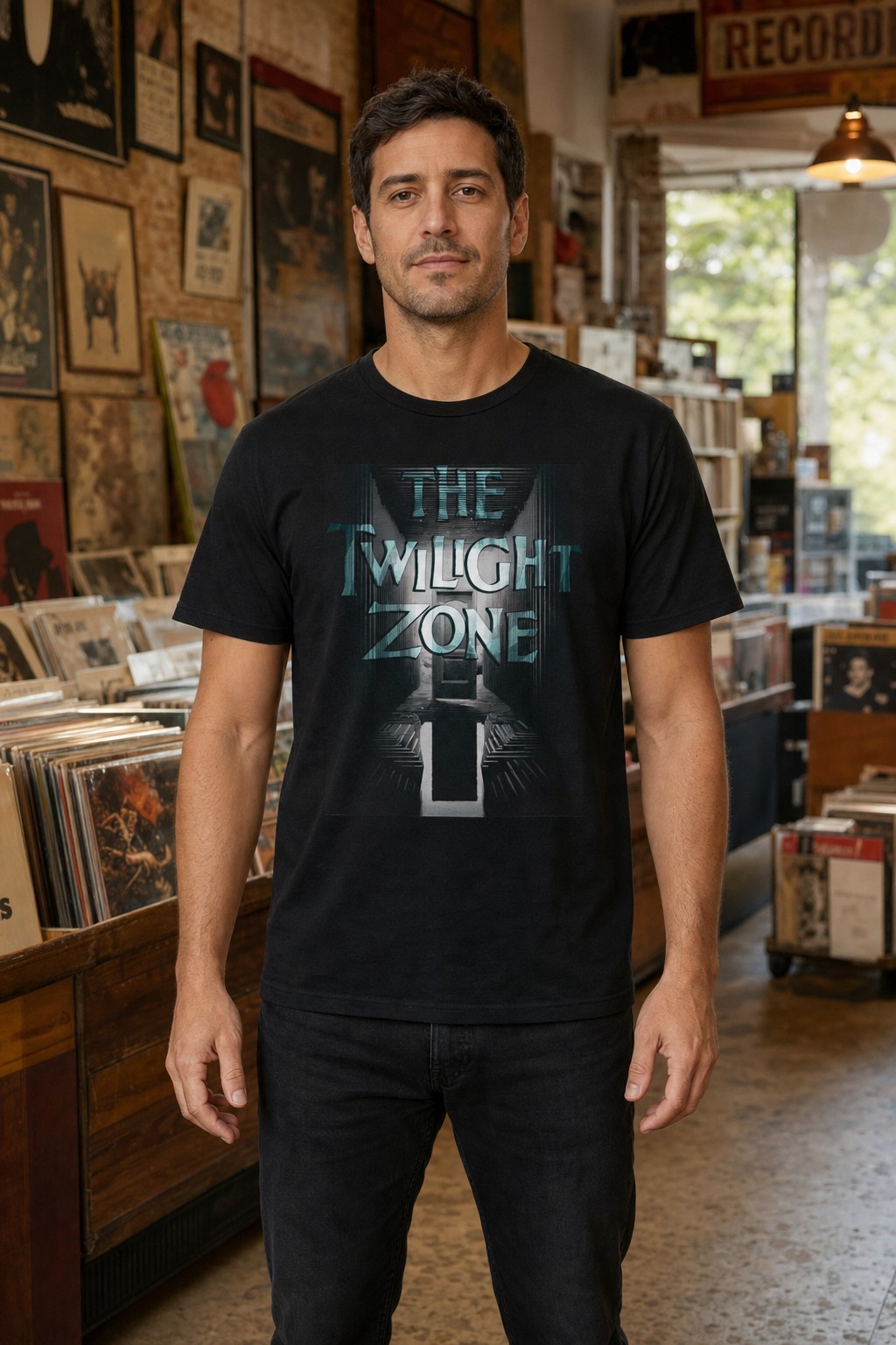 Model wearing the black Twilight Zone Retro Logo Tee with teal and gray lettering in a vintage record shop