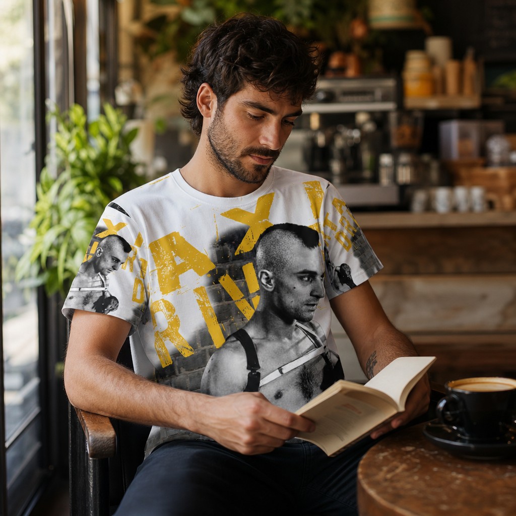 Model wearing the Vintage Taxi Driver movie all over Graphic Jersey