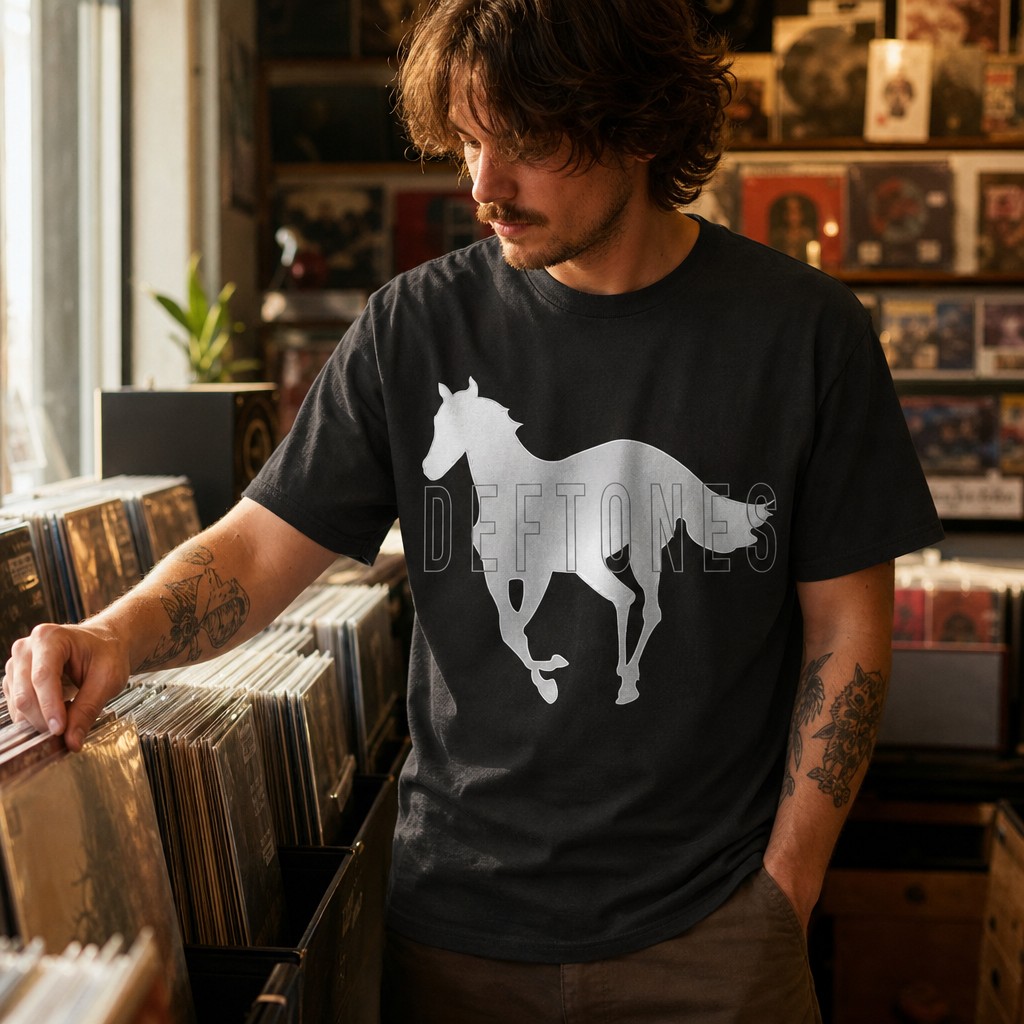 Model wearing the White Horse Silhouette Deftones T-Shirt | Band Logo Tee