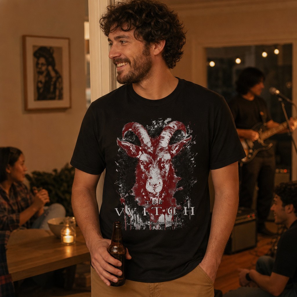 Model wearing the Witch Goat Illustration Tee | Witch Robert Eggers Horror Movie Graphic