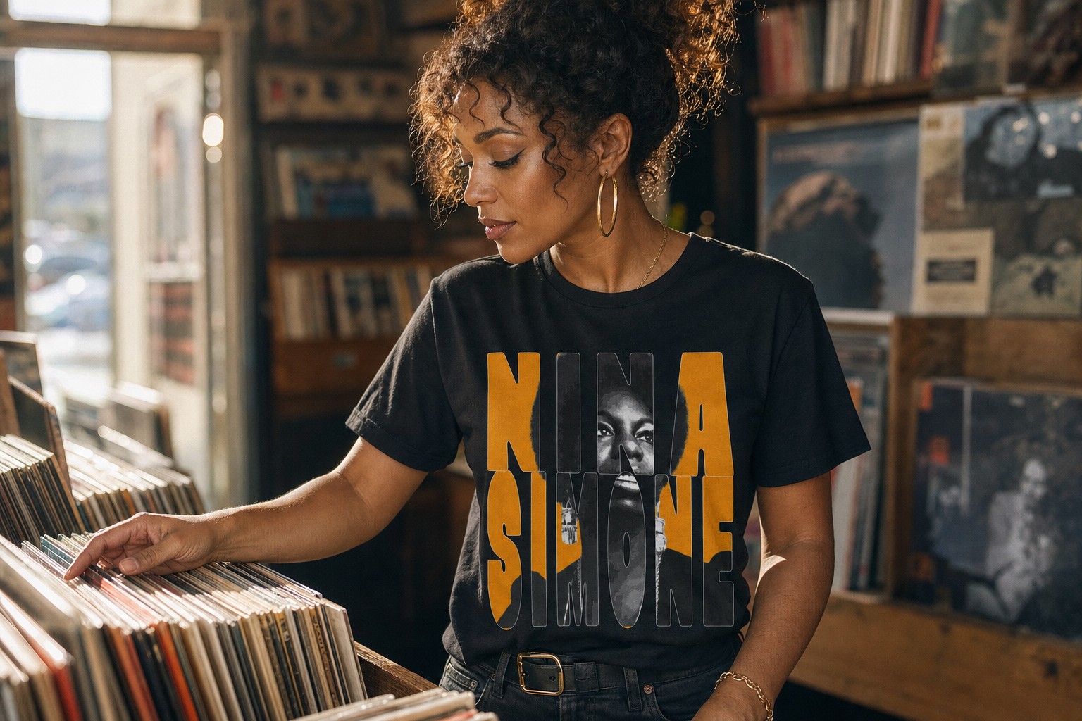Woman wearing the black Nina Simone graphic tee while browsing records