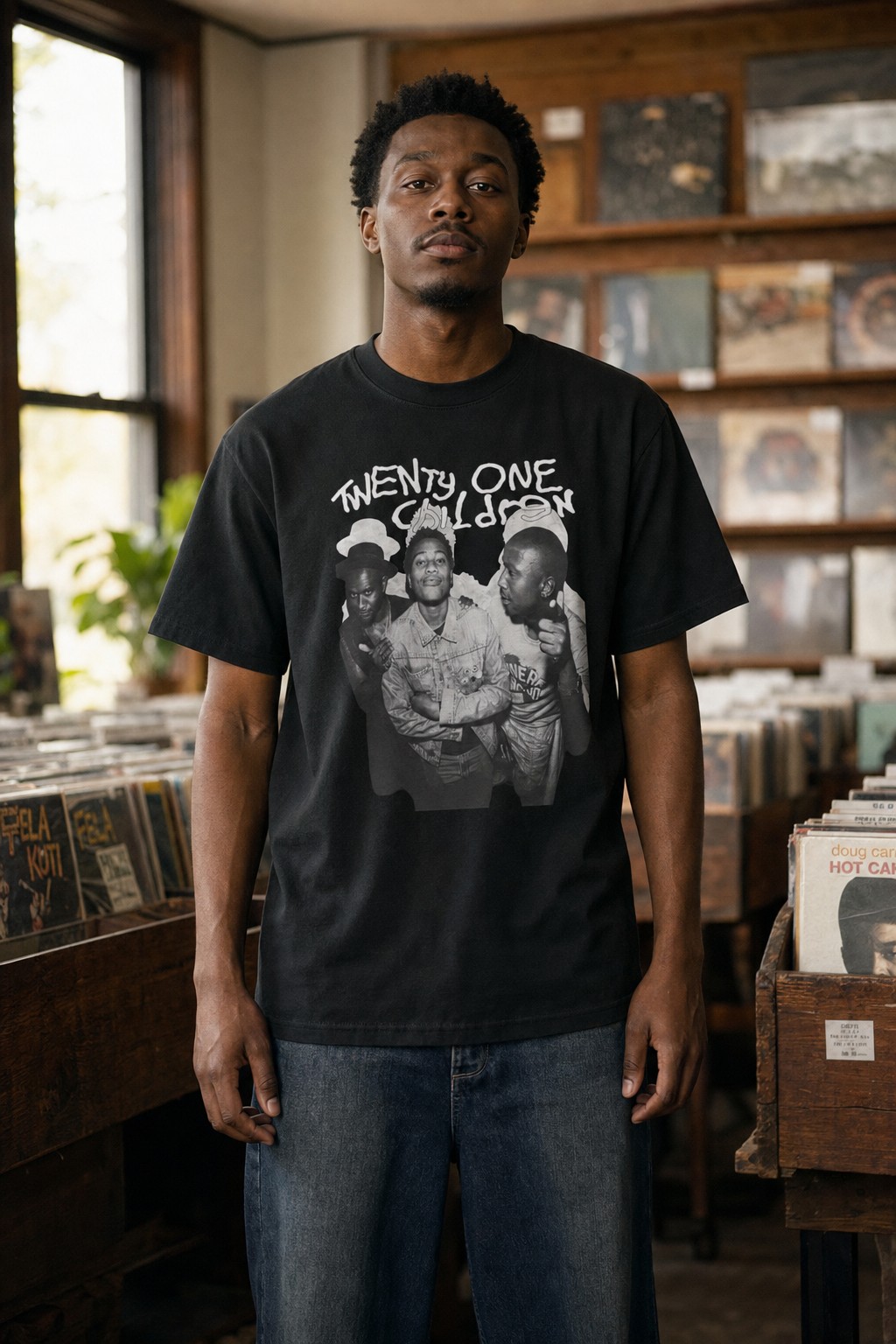 Model wearing the Twenty One Children Graphic T-Shirt with the full graphic visible in a vintage record shop