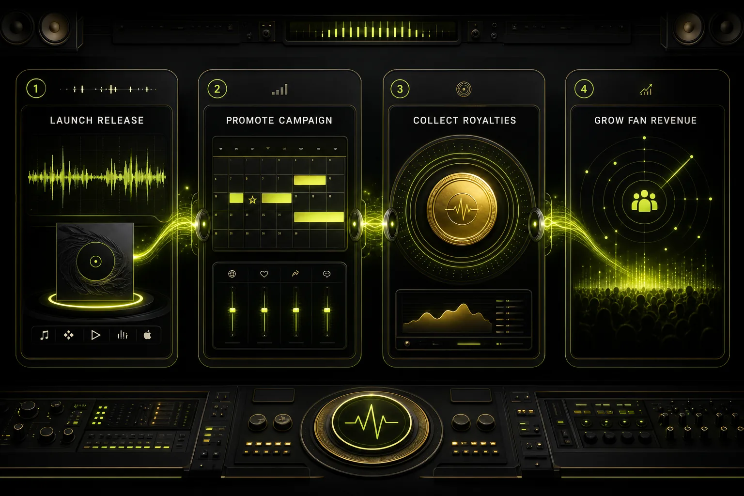 Workflow map connecting releases, promotion, royalties and fan revenue
