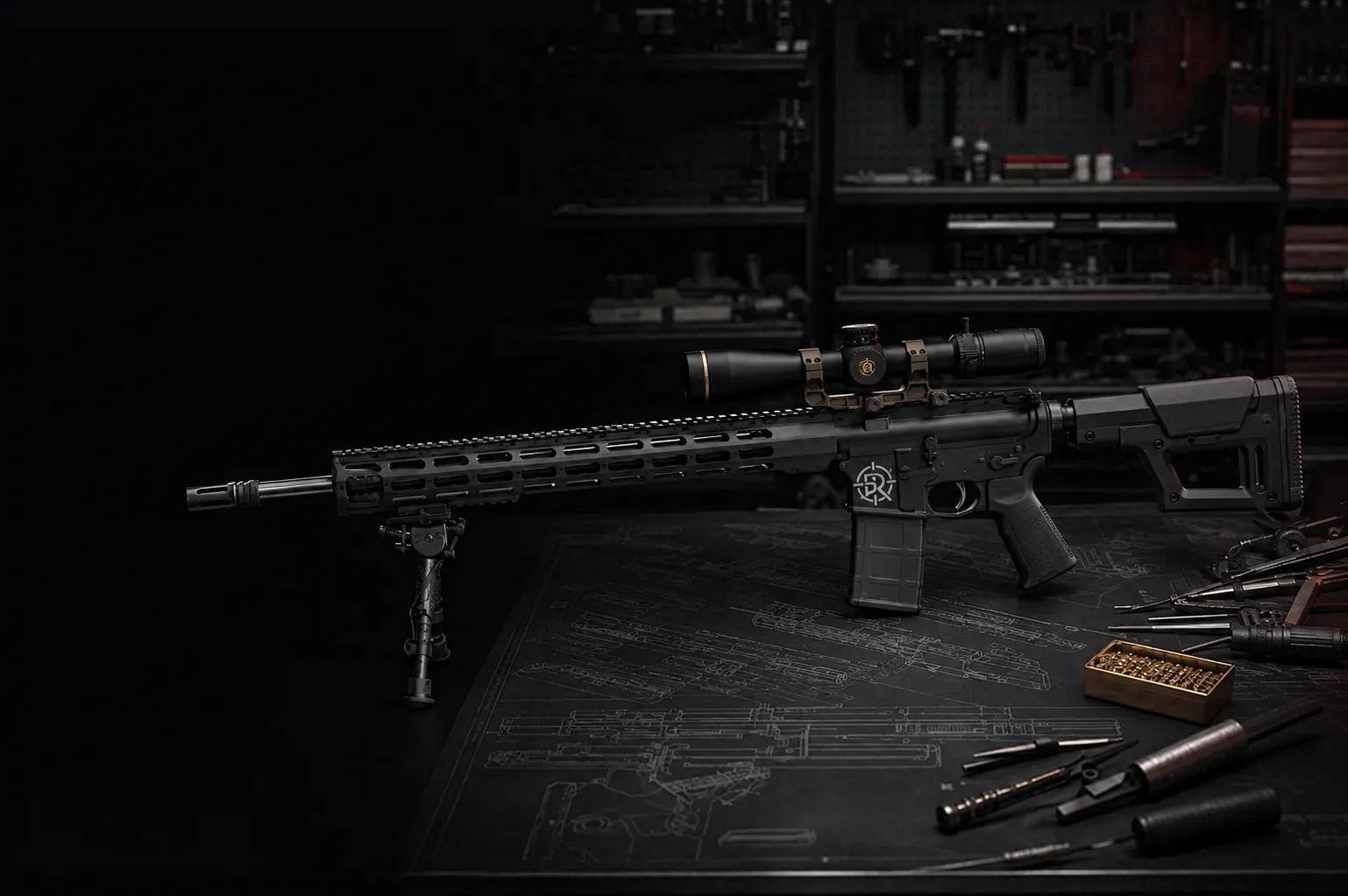 DRD precision rifle and components on a workbench