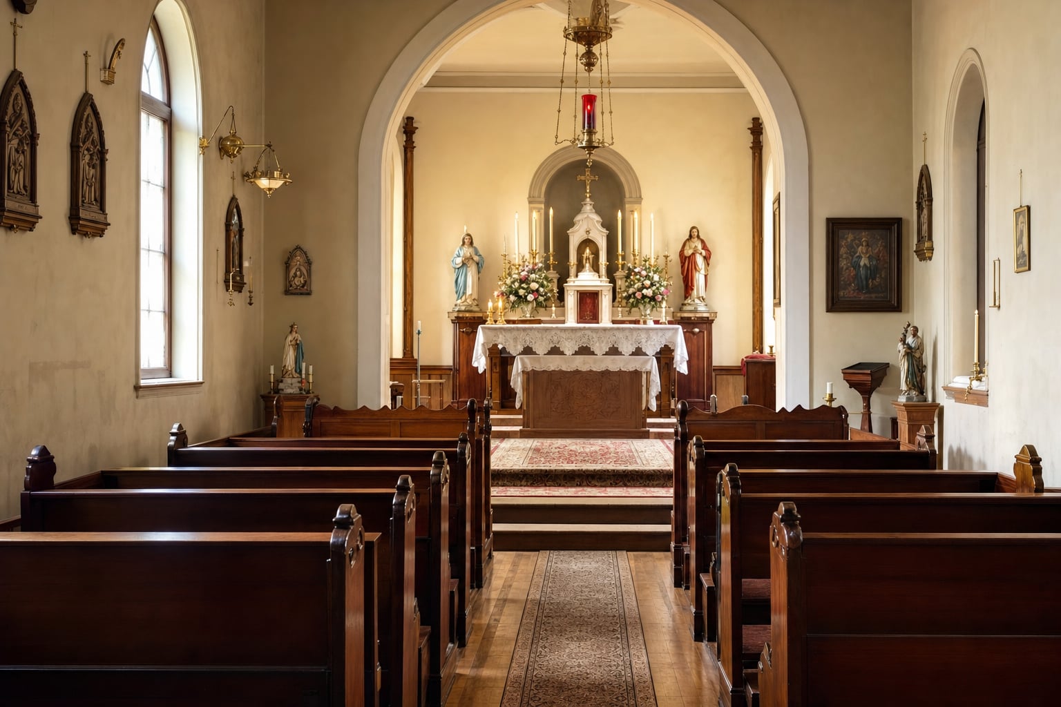 Quiet traditional Catholic chapel interior with wooden pews facing the altar