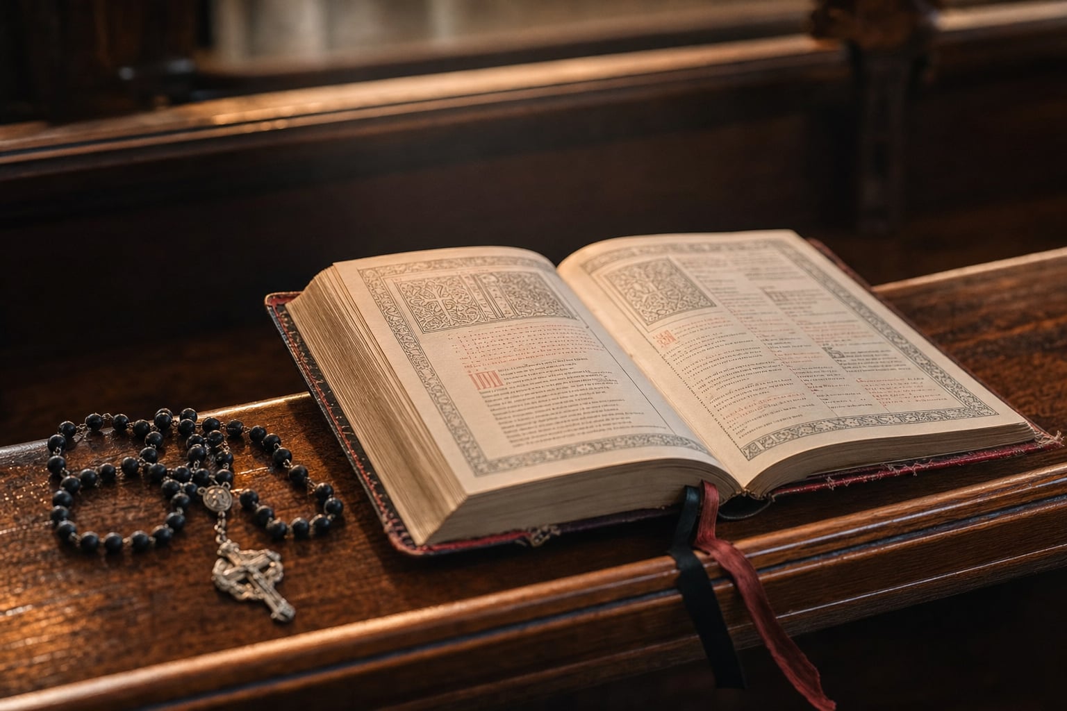 Traditional Catholic missal opened on a wooden pew beside a rosary