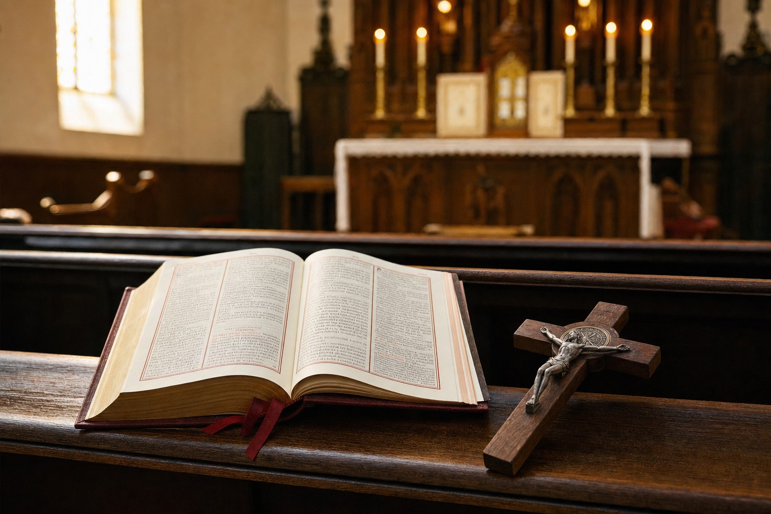 Open Latin-English missal and crucifix on a wooden chapel pew before the altar