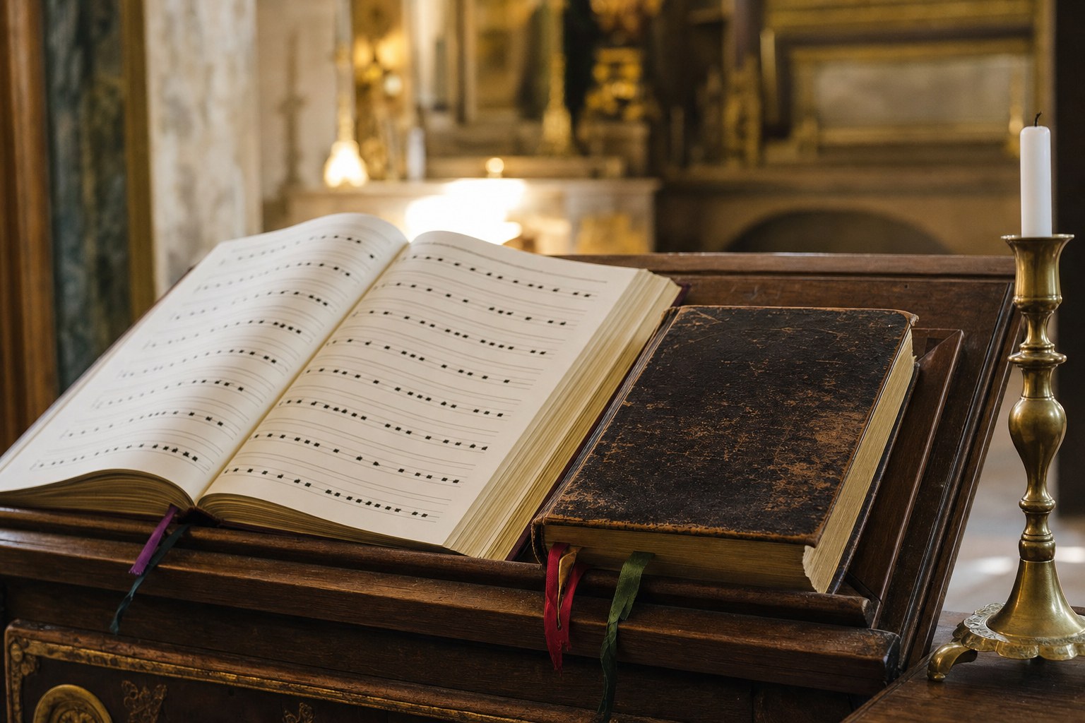 Plainchant book and leather missal on a wooden lectern in a chapel