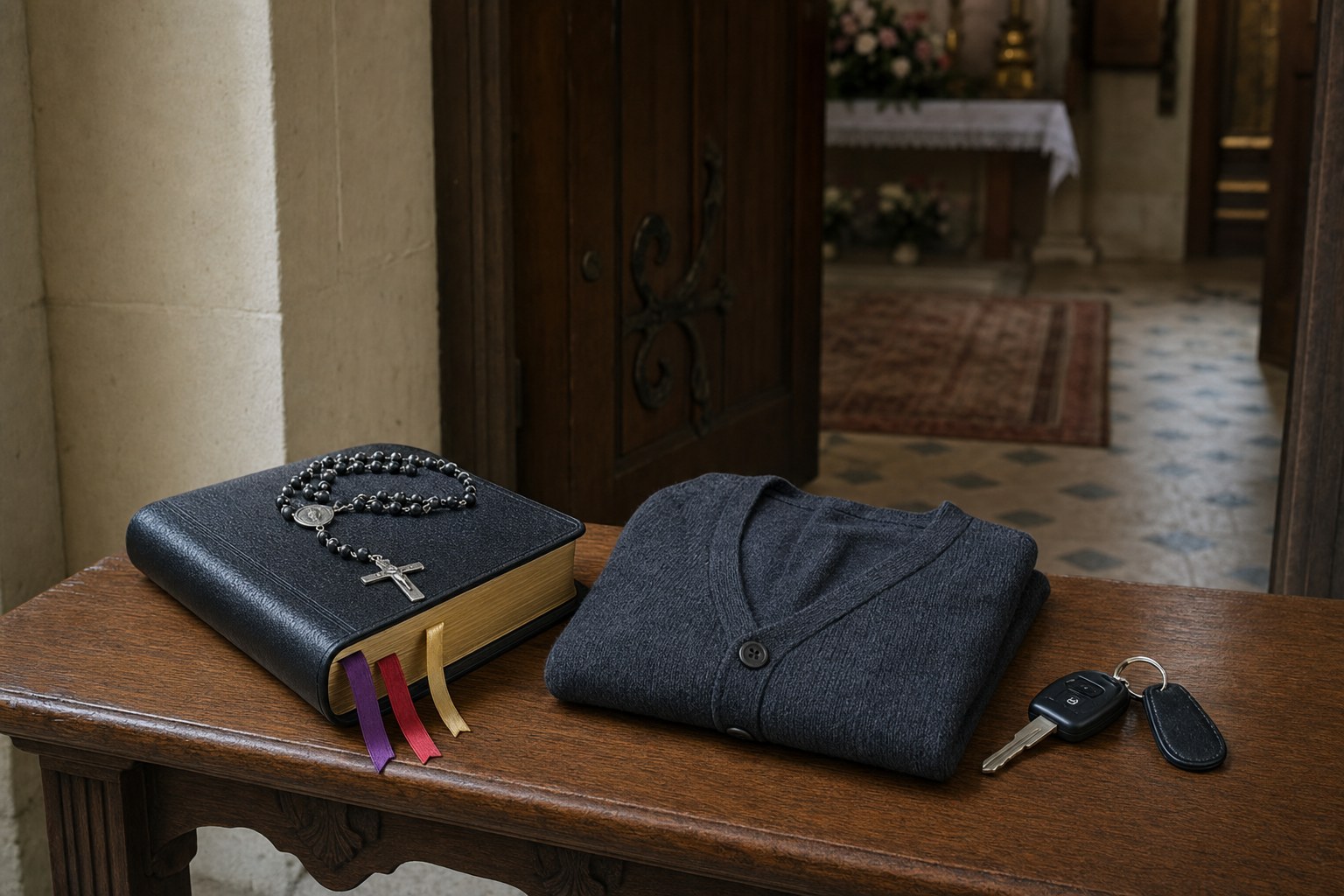 Hand missal, rosary, folded sweater, and keys arranged before a chapel visit