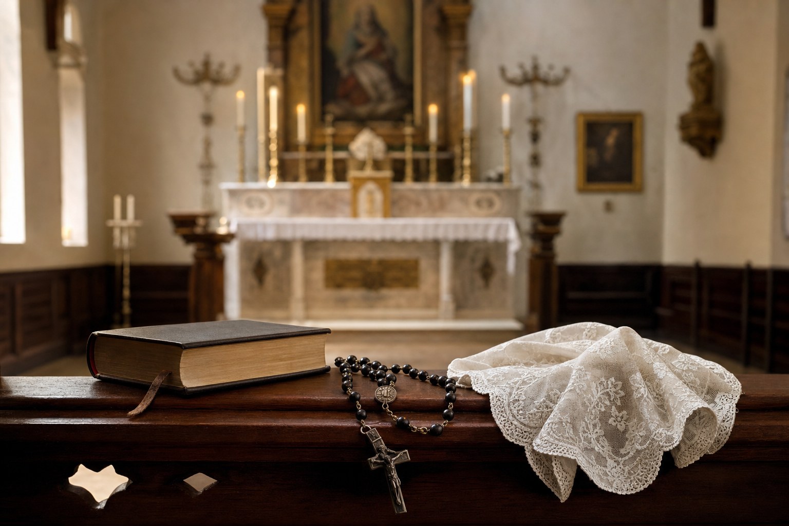 Prayer book, rosary, and chapel veil resting on a pew before a softly lit altar