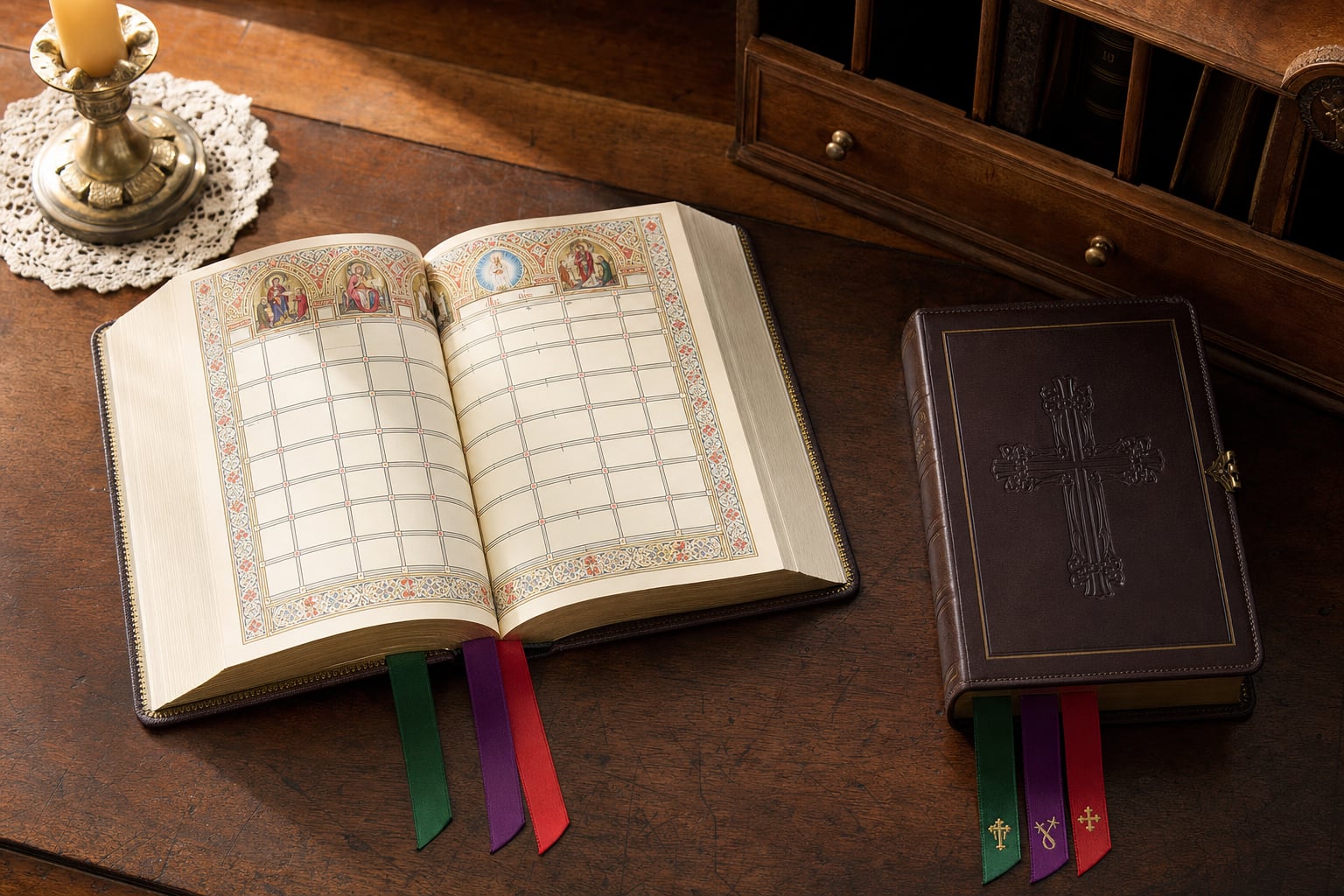 Traditional liturgical calendar with colored ribbons and a leather missal