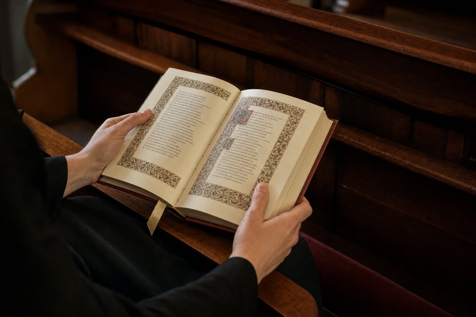Hands holding an open missal while seated in a chapel pew