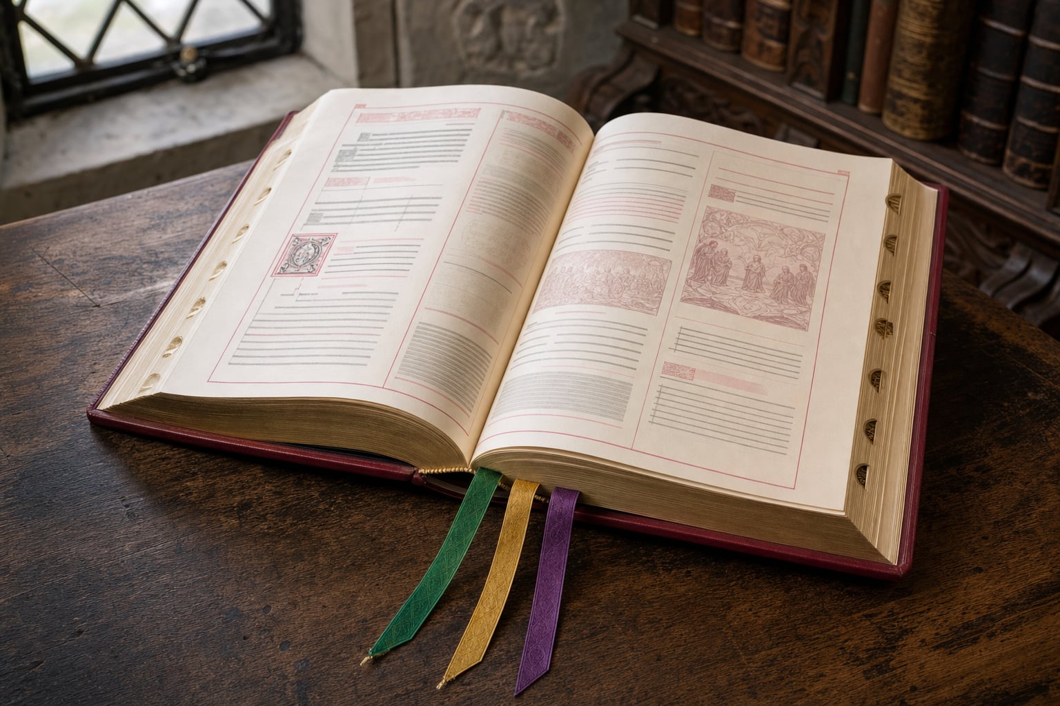 Open traditional missal with ribbon markers between its pages