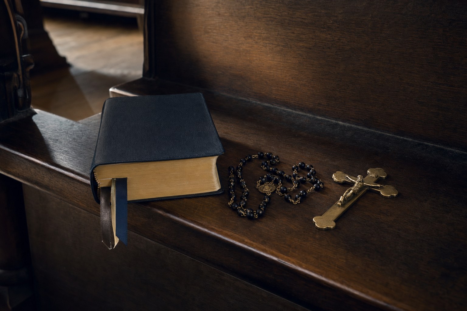 A Roman missal, rosary, and crucifix on a wooden chapel pew