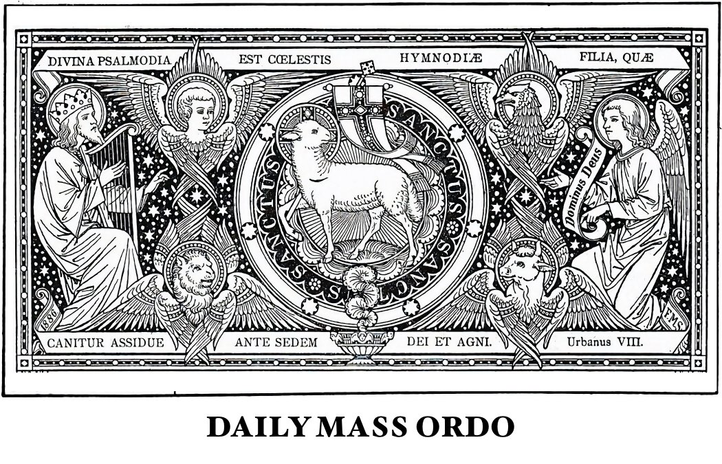 Woodcut illustration of an open missal on a stand